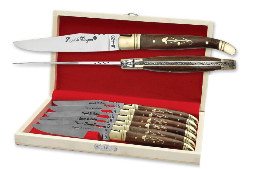 Estuche regalo de 6 cuchillos de mesa Laguiole Bougna con mango de palisandro