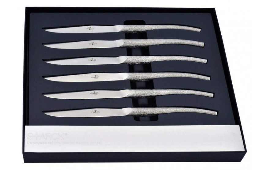 Eksepsjonell eske med 6 Forge de LAGUIOLE bordkniver designet av P. STARCK