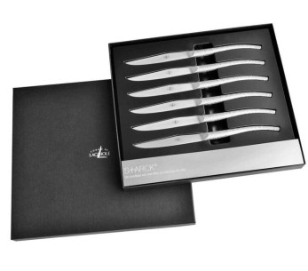 Eksepsjonell eske med 6 Forge de LAGUIOLE bordkniver designet av P. STARCK