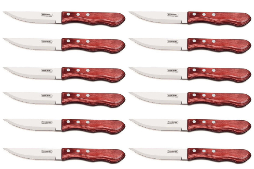 Sæt med 12 Tramontina Jumbo steakknive, 13 cm blad, rødt skaft