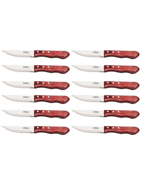 Sæt med 12 Tramontina Jumbo steakknive, 13 cm blad, rødt skaft