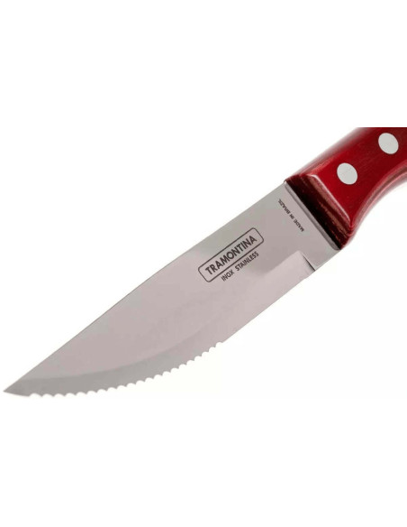 Sett med 12 Tramontina Jumbo biffkniver, 13 cm blad, rødt skaft