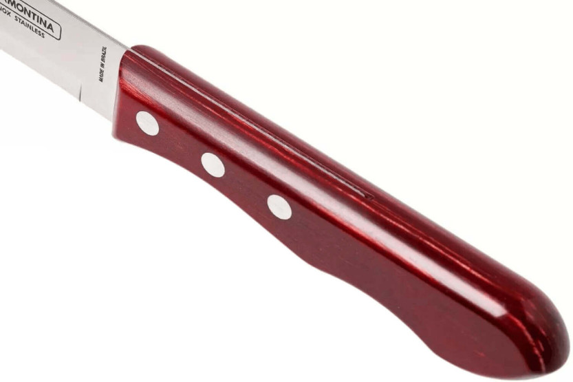 Sett med 12 Tramontina Jumbo biffkniver, 13 cm blad, rødt skaft