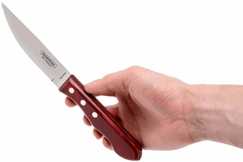 Sett med 12 Tramontina Jumbo biffkniver, 13 cm blad, rødt skaft