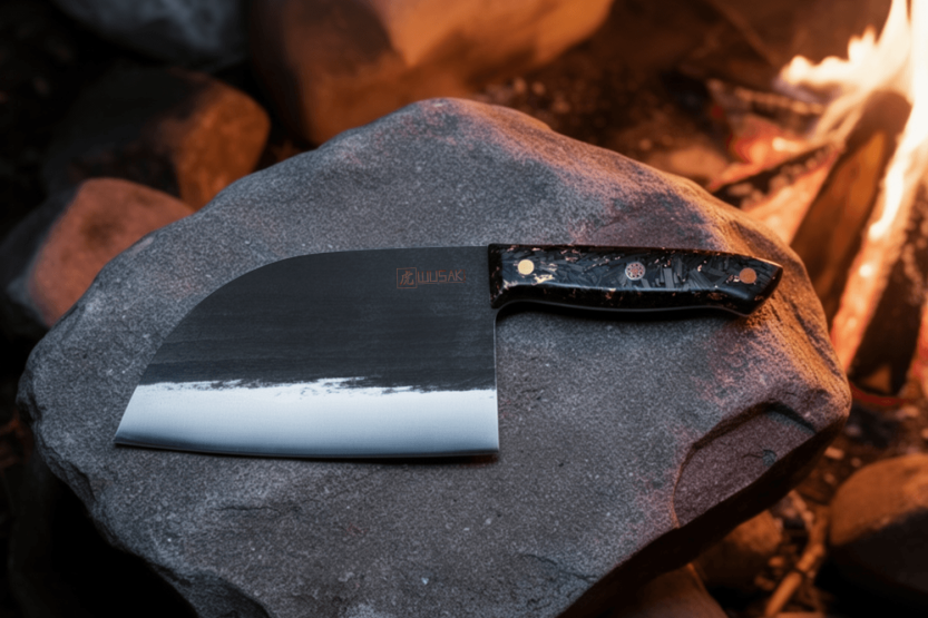 Faca Wusaki BIG ONE XXL de 17,5 cm com cabo em aço forjado e carbono com folha de ouro + bainha em pele