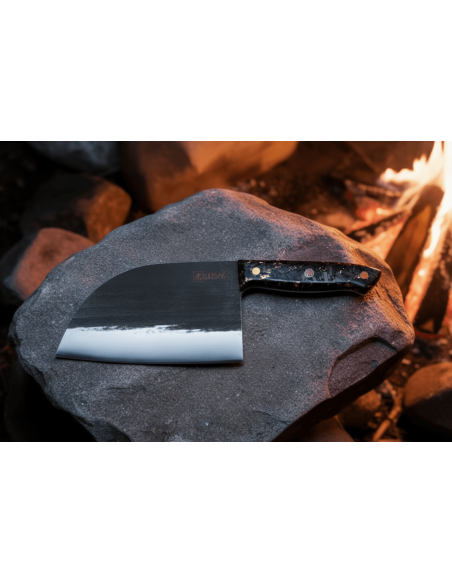 XXL 17,5cm Wusaki BIG ONE forged steel and carbon handle with gold leaf + leather sheath