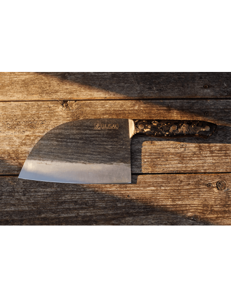 XXL 17,5cm Wusaki BIG ONE mes van gesmeed staal en carbon met bladgoud + lederen schede