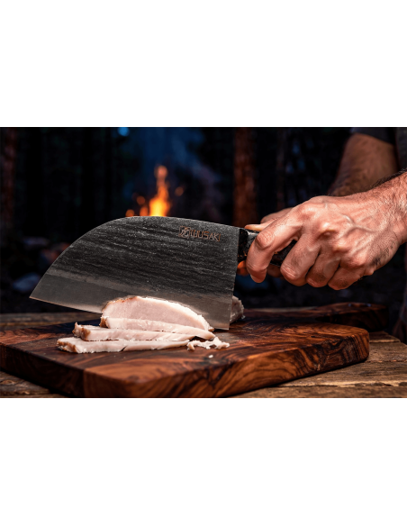 XXL 17,5cm Wusaki BIG ONE forged steel and carbon handle with gold leaf + leather sheath