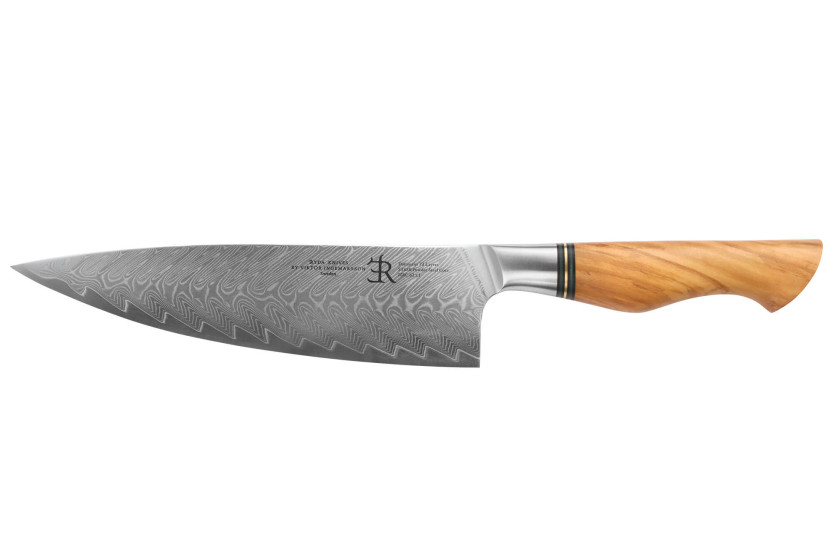 21cm Ryda Messen ST650 Damascus koksmes met olijfhouten handvat
