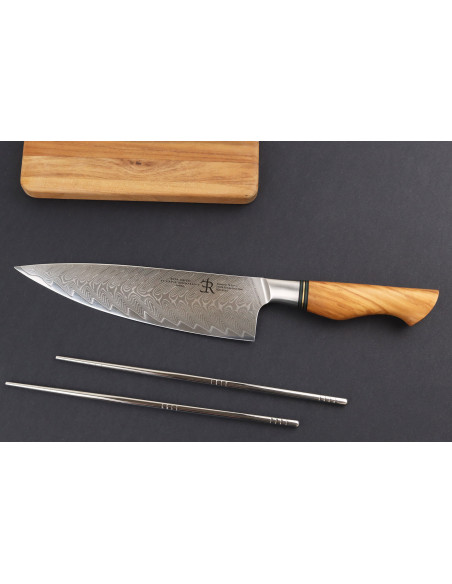 21cm Ryda Messen ST650 Damascus koksmes met olijfhouten handvat