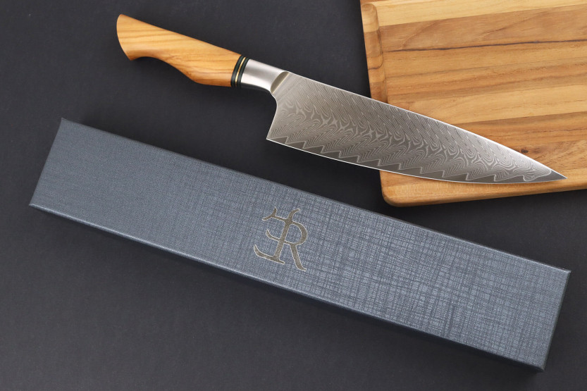 21cm Ryda Messen ST650 Damascus koksmes met olijfhouten handvat