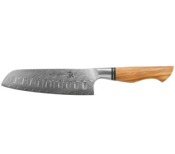 Ryda Knives ST650 Damaskus 18 cm Santoku-kniv med håndtak i oliventre