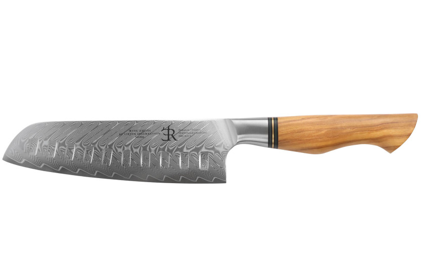 Ryda Knives ST650 Coltello Santoku in damasco da 18 cm con manico in legno d'ulivo