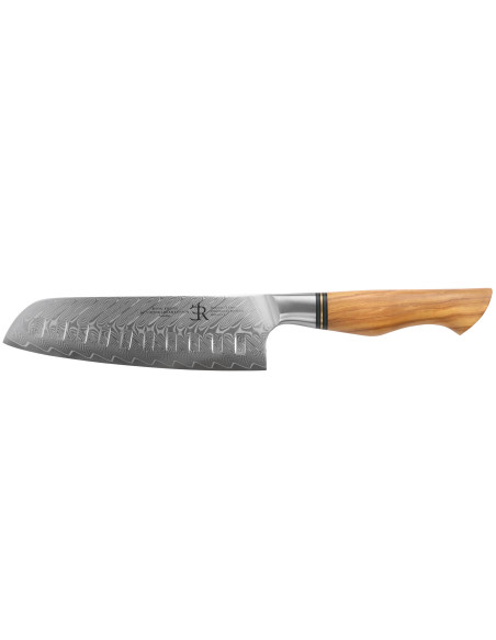 Ryda Knives ST650 Faca Santoku Damascus 18cm com cabo em madeira de oliveira
