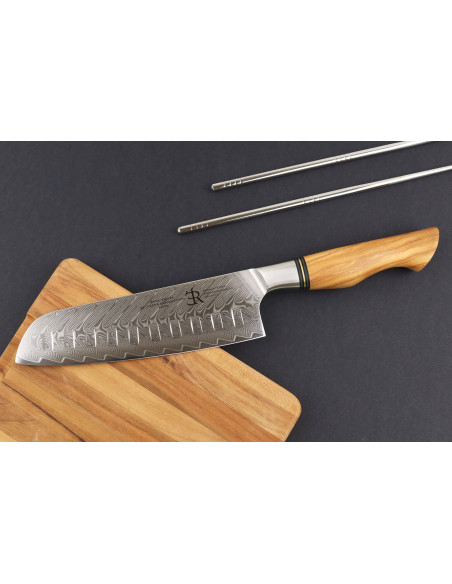 Ryda Knives ST650 Coltello Santoku in damasco da 18 cm con manico in legno d'ulivo
