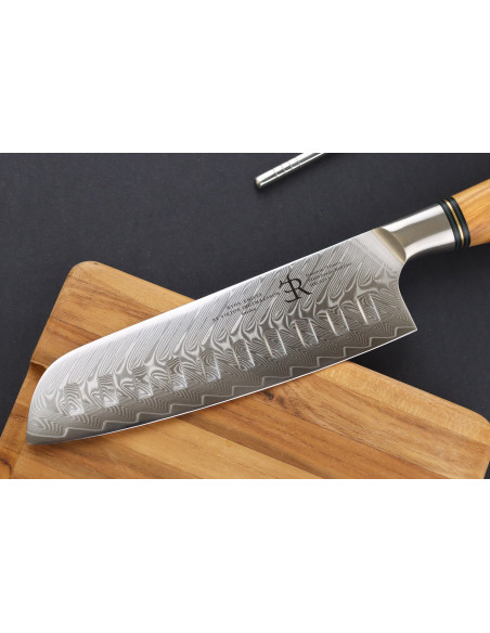 Ryda Knives ST650 Faca Santoku Damascus 18cm com cabo em madeira de oliveira