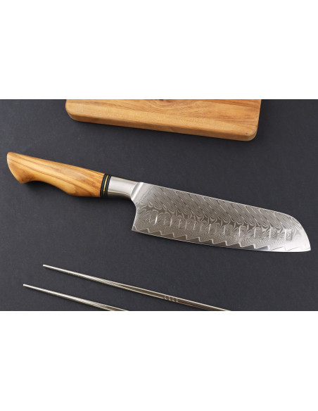 Ryda Knives ST650 Coltello Santoku in damasco da 18 cm con manico in legno d'ulivo