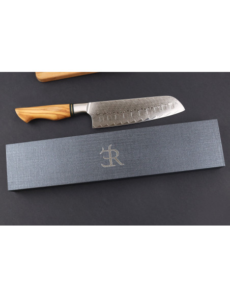 Ryda Knives ST650 Faca Santoku Damascus 18cm com cabo em madeira de oliveira