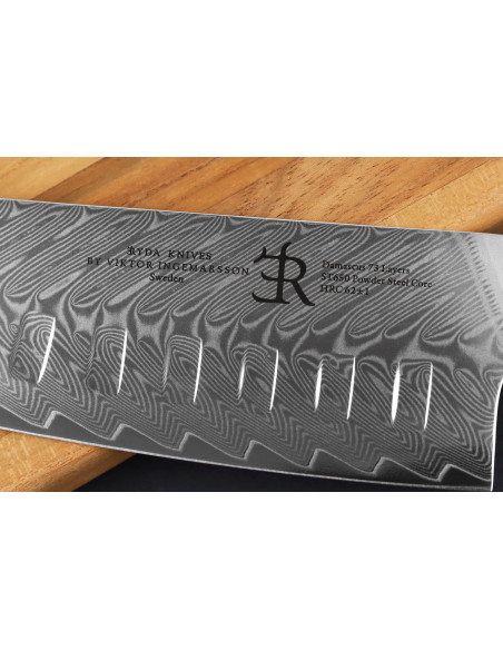 Ryda Knives ST650 Faca Santoku Damascus 18cm com cabo em madeira de oliveira