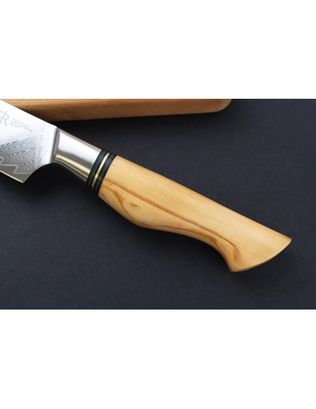 Faca utilitária de 13,5 cm Ryda Knives ST650 Damascus com cabo em madeira de oliveira
