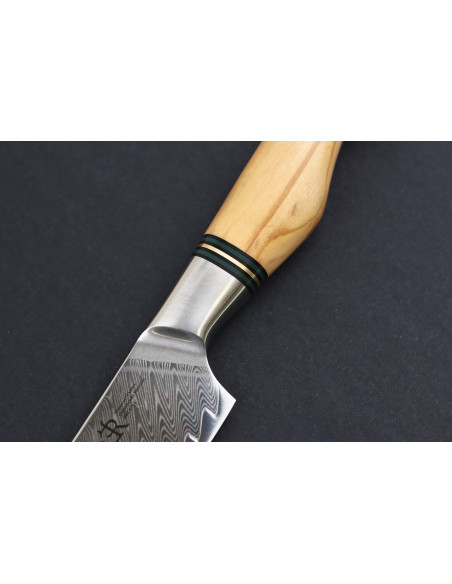 Faca utilitária de 13,5 cm Ryda Knives ST650 Damascus com cabo em madeira de oliveira