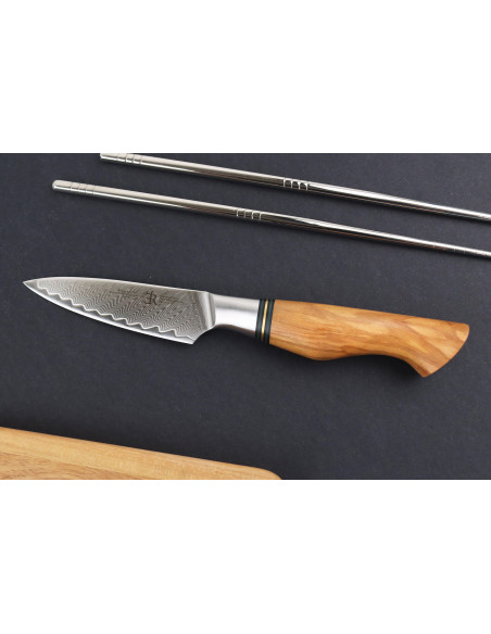 Spickmesser 9,5cm Ryda Knives ST650 Damast und Griff aus Olivenholz