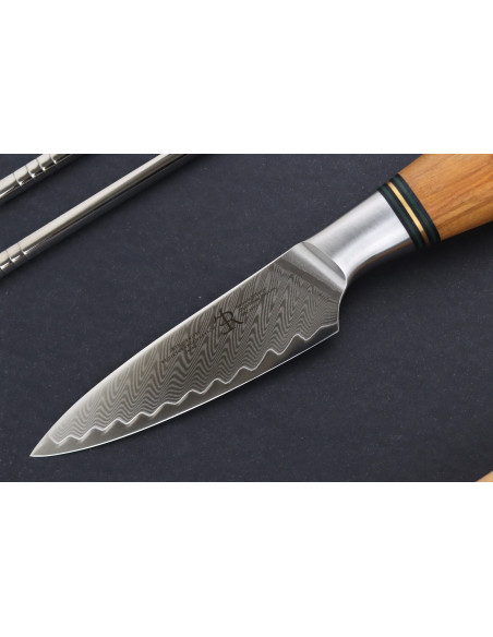 9,5cm Ryda Knives ST650 Faca de aparar de Damasco com cabo de madeira de oliveira