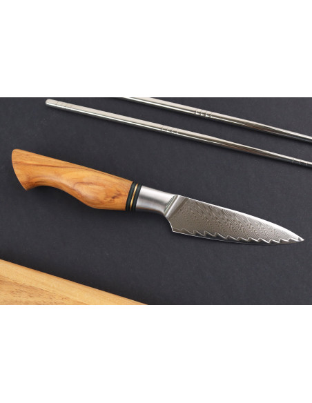 9,5cm Ryda Knives ST650 Faca de aparar de Damasco com cabo de madeira de oliveira