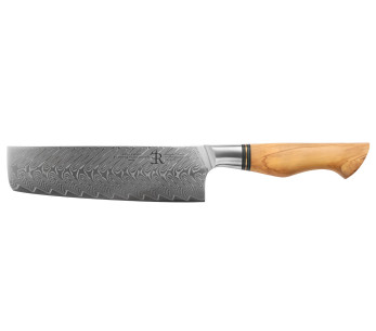 18cm Nakiri veitsi Ryda Knives ST650 Damascus ja oliivipuu kahva