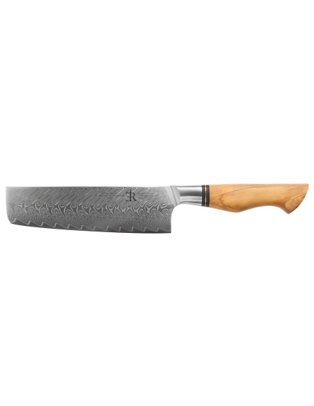 18cm Nakiri-kniv Ryda Knives ST650 Damaskus och olivträhandtag