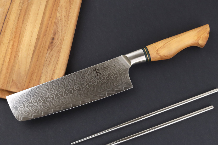 Cuchillo Nakiri 18cm Cuchillos Ryda ST650 Damasco y mango de madera de olivo
