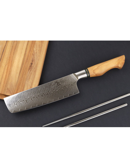 Cuchillo Nakiri 18cm Cuchillos Ryda ST650 Damasco y mango de madera de olivo