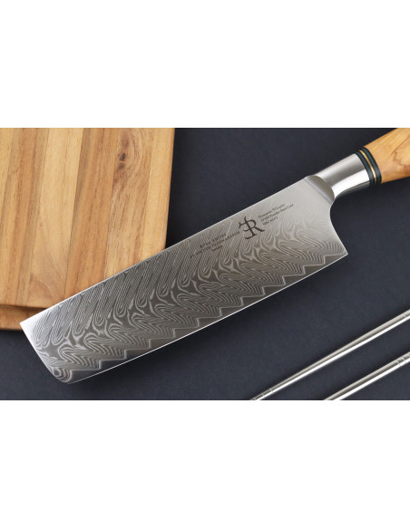 18cm Nakiri-kniv Ryda Knives ST650 Damaskus och olivträhandtag