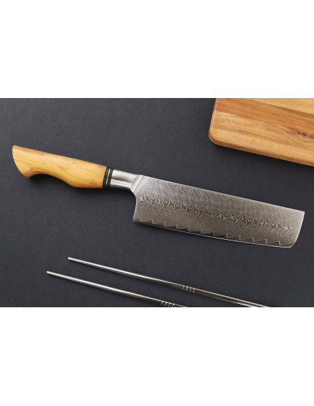 18 cm Nakiri-kniv Ryda Knives ST650 Damaskus og håndtak i oliventre