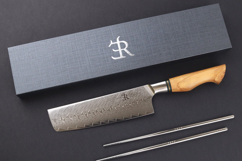 Coltello Nakiri 18 cm Ryda Knives ST650 Manico in damasco e legno d'ulivo