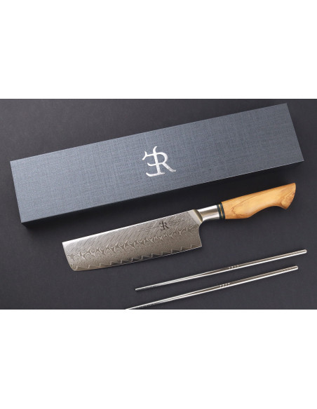 18 cm Nakiri-kniv Ryda Knives ST650 Damaskus og håndtak i oliventre