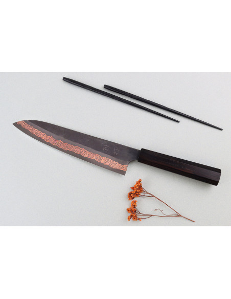 Coltello da cuoco giapponese Hatsukokoro Yorokobi Kurouchi Damascus da 23 cm