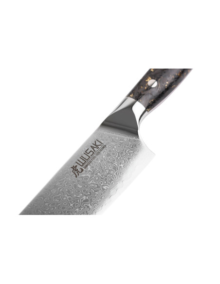 Wusaki Sakin Damascus 10Cr 17cm santokukniv med handtag i kolfiber och bladguld