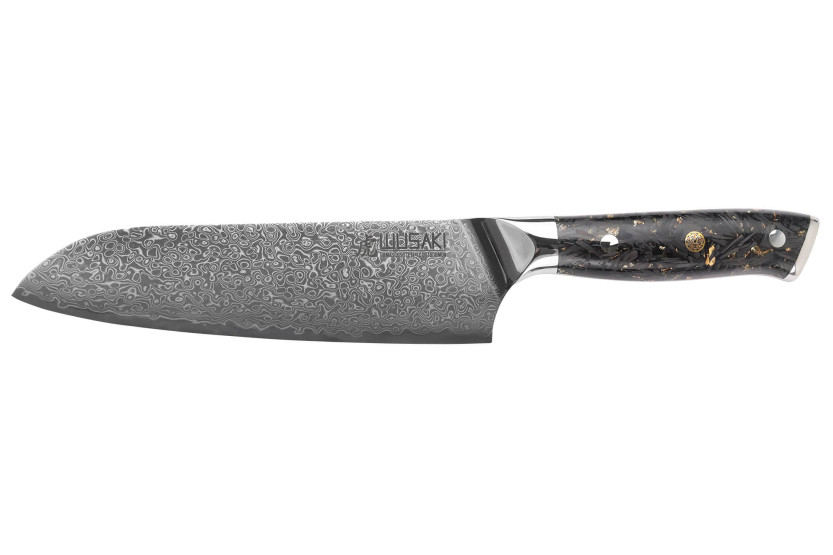 Wusaki Sakin Damascus 10Cr 17cm santokukniv med handtag i kolfiber och bladguld