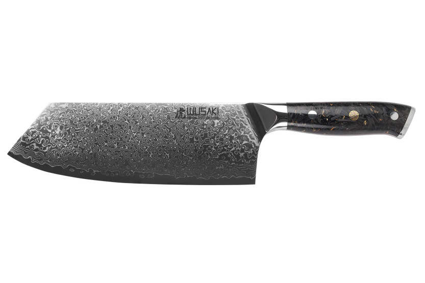 Wusaki Sakin Damascus 10Cr 19cm kiinalainen kokkiveitsi hiilikuitu- ja lehtikullalla varustetulla kahvalla