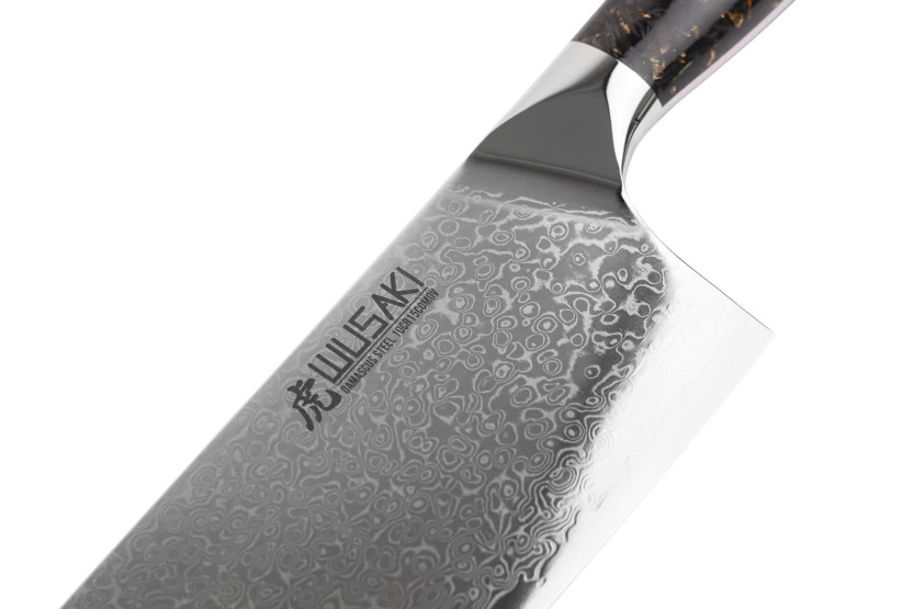 Wusaki Sakin Damascus 10Cr 19 cm kinesisk kokkekniv med håndtag i kulfiber og bladguld