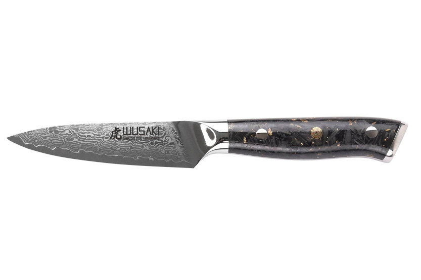 Wusaki Sakin Damascus 10Cr 9cm kuorintaveitsi hiilikuitu- ja lehtikullattu kahva