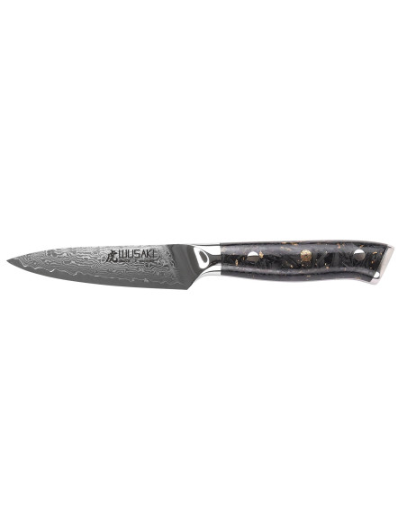 Cuchillo Wusaki Sakin Damasco 10Cr 9cm con mango de fibra de carbono y pan de oro