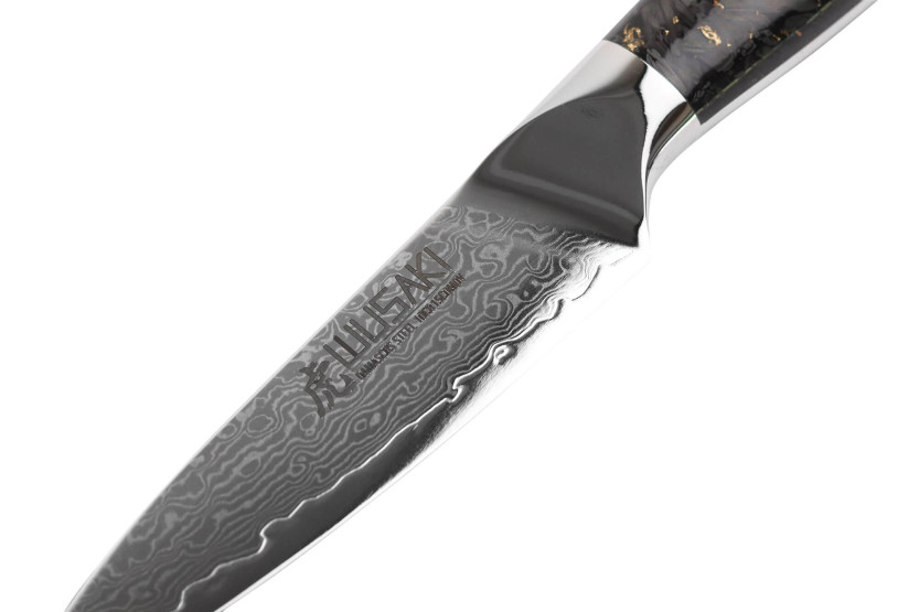 Wusaki Sakin Damascus 10Cr 9cm kuorintaveitsi hiilikuitu- ja lehtikullattu kahva