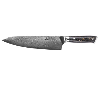 Faca de chef Wusaki Sakin Damascus 10Cr 20cm com cabo em fibra de carbono e folha de ouro