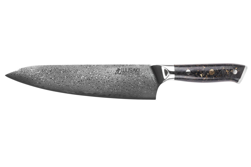 Wusaki Sakin Damascus 10Cr 20 cm kokkekniv med håndtag i kulfiber og bladguld