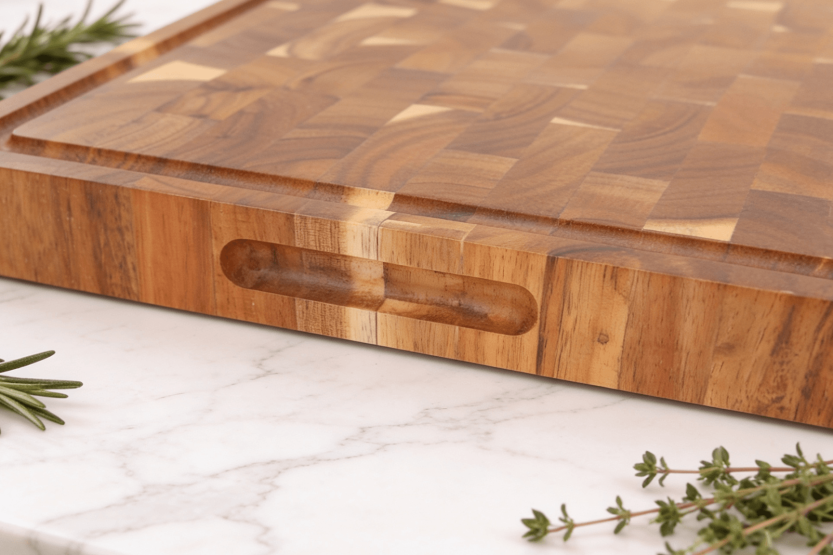 Wusaki-Küchenblock aus Akazienholz, beidseitig verwendbar, Schachbrettmuster 48 x 35 x 3,8cm