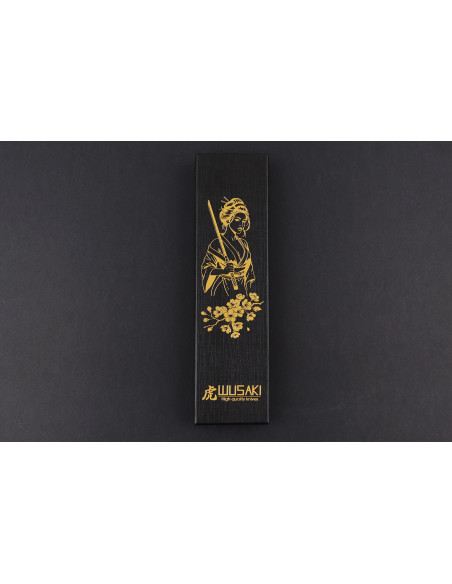 Wusaki Sakin Damaskus 10Cr 13 cm ko-santoku-kniv med håndtag i kulfiber og bladguld