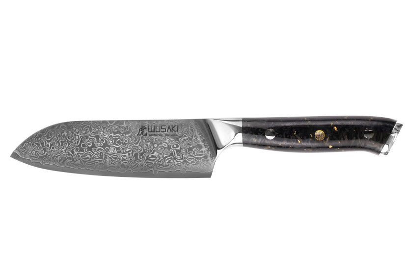 Cuchillo ko-santoku Wusaki Sakin Damasco 10Cr 13cm con mango de fibra de carbono y pan de oro