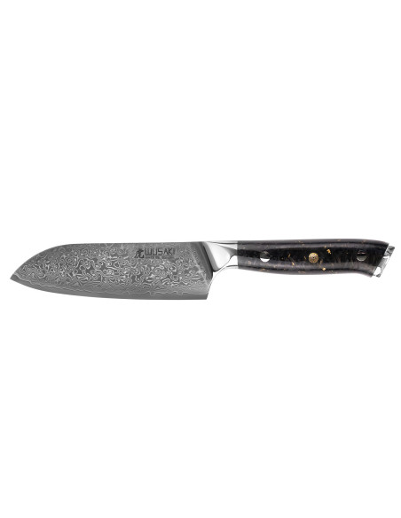 Wusaki Sakin Damaskus 10Cr 13cm ko-santoku kniv med kolfiber och bladguld handtag